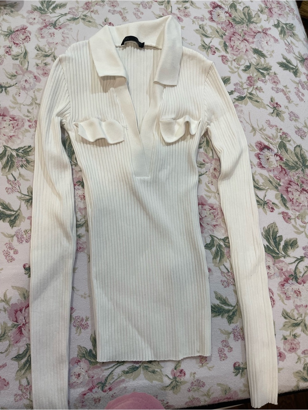 Zara Cream Ribbed Long Sleeve Polo Top